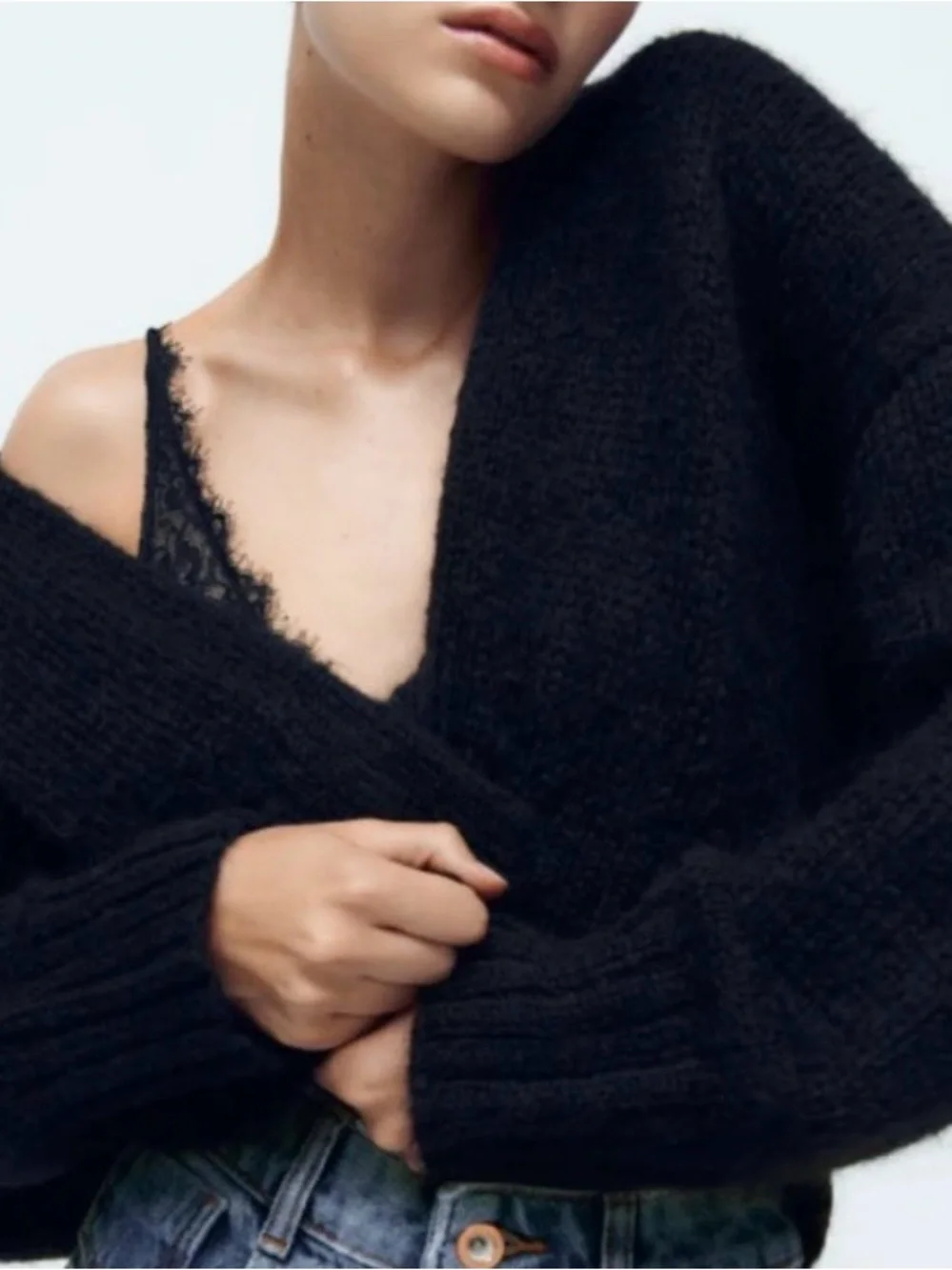 Zara Knit Open Front Cardigan Sweater Cropped Wool & Alpaca Blend  Black Size S - Picture 8 of 8